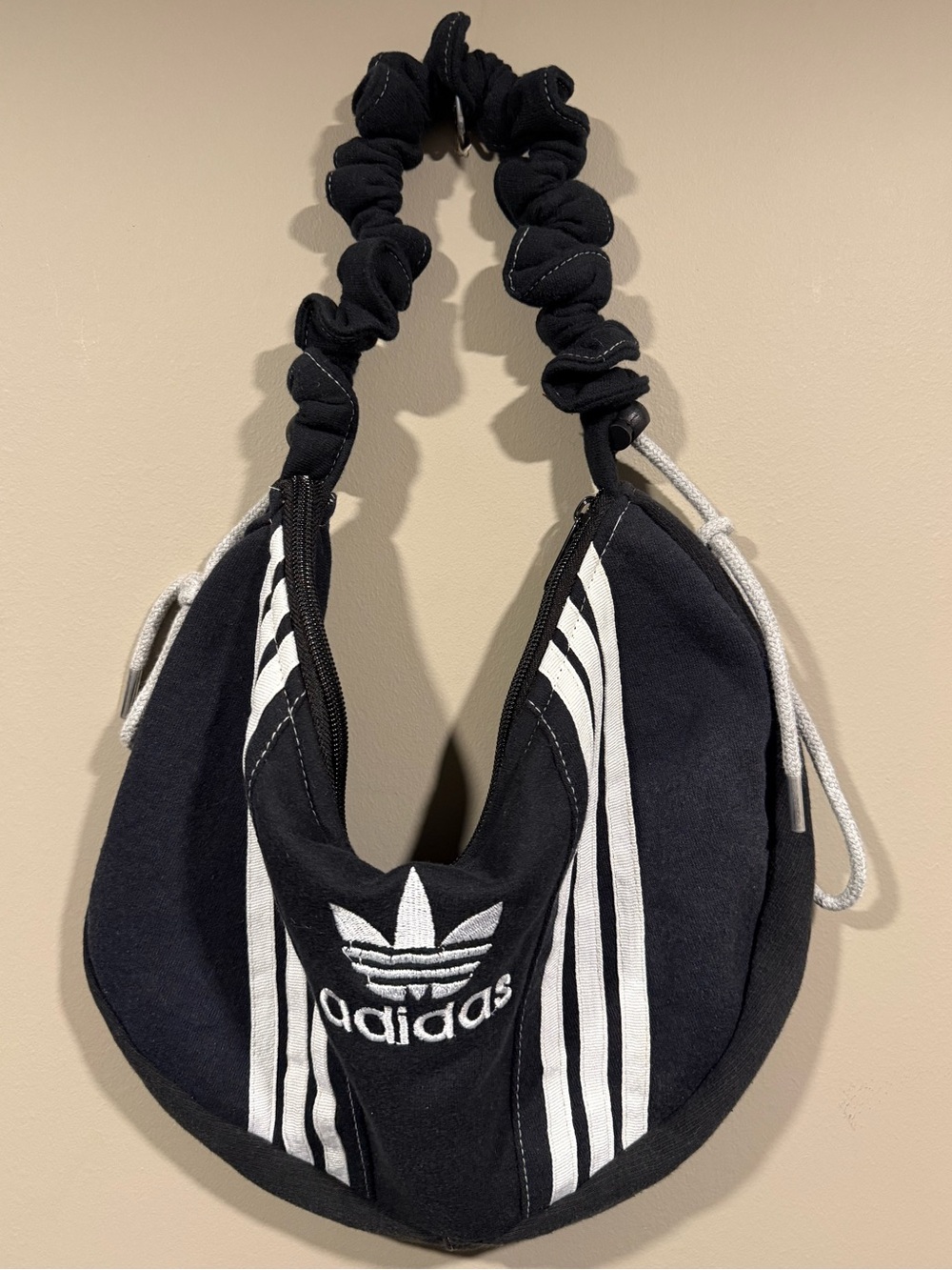 adidas inspired Black Shoulder Hobo rework Bag with White Stripe Accents